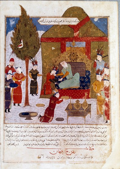 Emperador mongol Genghis Khan (1167-1227) en su trono en un campamento cerca de Ilmil con sus nietos Quibalai y Hule Gu de Persian School
