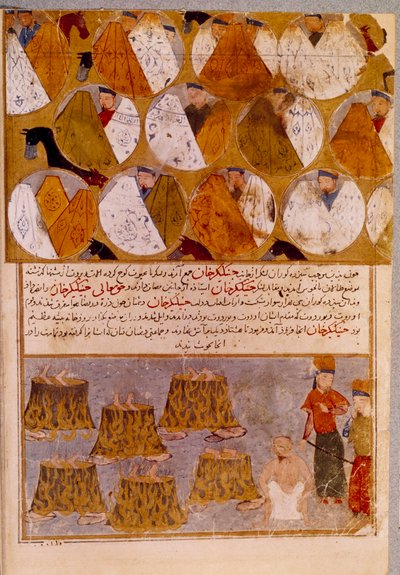 Tiendas mongolas y prisioneros de Genghis Khan (1162-1227): Genghis Khan arroja a los seguidores de Djamuqua, un mongol de la tribu Jadjirat, a los calderos. Miniatura persa tomada de “Jami al-tawarikh” (Jami al tawarikh) o “Historia Universal” de Persian School