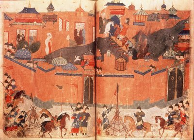 Ms.Sup.Pers.1113.f.180v-181 Asalto y toma de Bagdad por los mongoles de Hulagu Khan en 1258, extraído de un libro de Rashid al-Din (1247-1318) (vitela) de Persian School