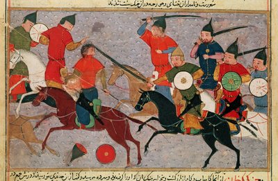 Genghis Khan en batalla, de un libro de Rashid-al-Din de Persian School