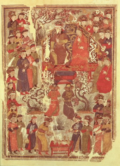 Ms. Supp. Pers. 1113 f.126v Genghis Khan y su esposa Bortei entronizados ante cortesanos, folio de un libro llamado Jami al Tawarikh por Rashid ad-Din de Persian School