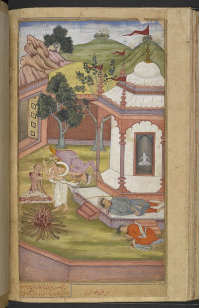 Or.12076 f.90v Candrahasa sacrificándose en el templo de Candika cortándose pedazos de su propia carne y echándolos al fuego (Qabil ibn Maqbul) del 