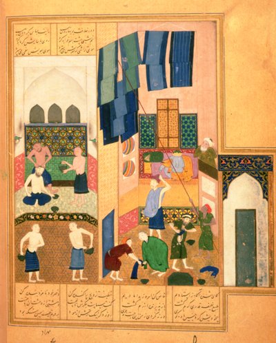 Or.6810 f.27v Harun al-Rashid y la peluquera en un baño turco (vitela) de Persian School
