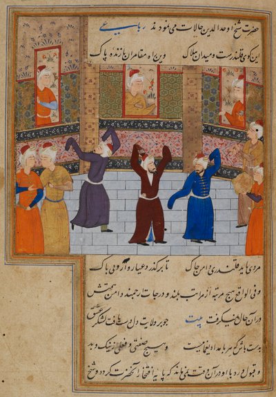 O. 11837, f.152 Muhammad Tabadkani (muerto en 1486) bailando con derviches, ilustración de 