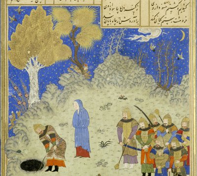 Persa 239 fol.180a Detalle: Rustam rescata a B?zhan del pozo, ilustración del Shahnama (Libro de los Reyes), por Abul-Qasim Mansur Firdawsi (c.934-c.1020), 1444 de Persian School