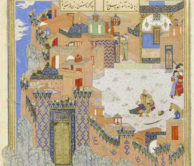 (detalle) Isfandiyar mata a Arjasp en la Fortaleza de Bronce, ilustración del Shahnama (Libro de los Reyes) de Persian School