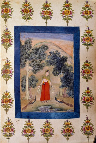 Arte persa: dama con dos collares de flores que presenta a dos pavos reales. Miniatura persa de Persian School