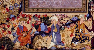 Miniatura persa que representa una escena de entretenimiento con músicos (detalle) de Persian School