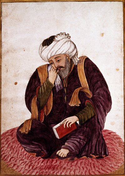 Retrato de Hafez cuyo nombre real es Khwajeh Chams ad-din Mohammad Hafez-e Chirazi, poeta y místico persa del siglo XIV. Miniatura. Museo Nacional de Damasco, Siria de Persian School