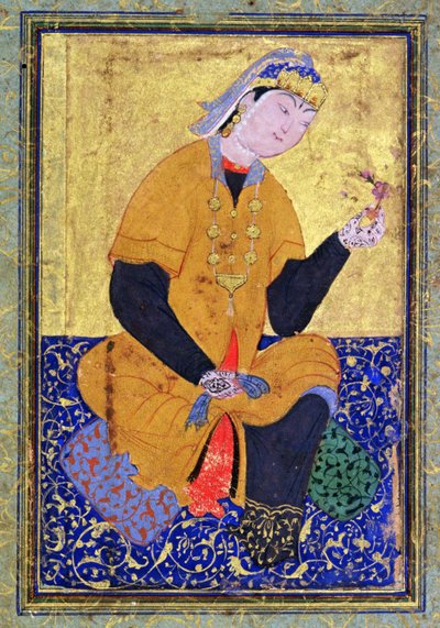Retrato de Hamida Banu Begum, sosteniendo un sello, folio ilustrado de la Antología de Mir Ali, 1550 de Persian School