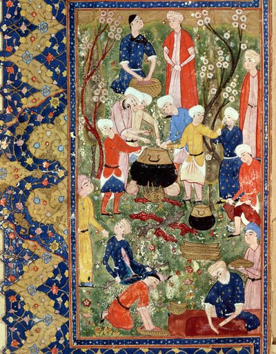 Preparando una comida, ilustración de un poema épico de Hafiz Shirazi, Safavid de Persian School