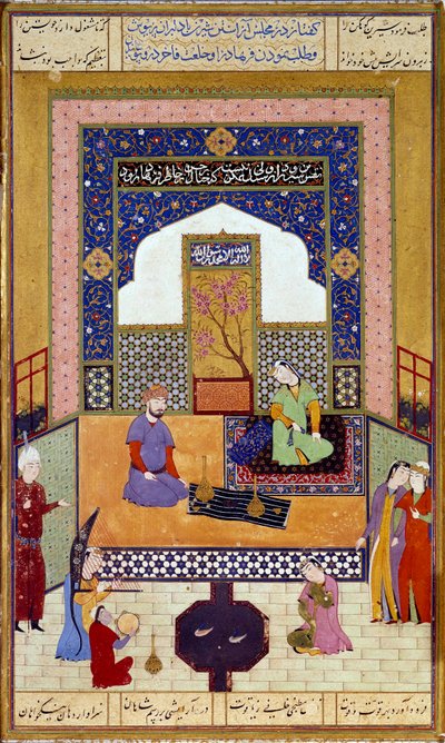 La princesa Shirin recibe a Farhad en su castillo en miniatura persa, ilustrando un episodio del 