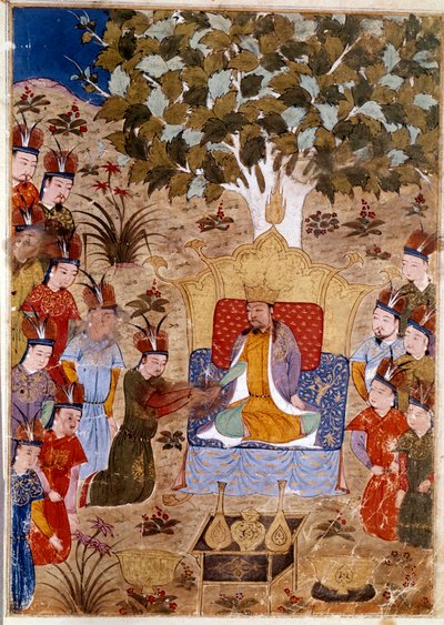 Representación de Chaghtai Khan (1227-1242) en su trono, hijo de Genghis Khan a caballo. Miniatura persa tomada de Jami al-Tawarikh (Historia Universal) por el historiador Rashid al-din (1247-1318) alrededor de 1430 de Persian School
