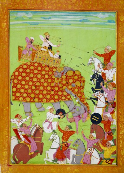 Representación de Murad Baksh (1624-1661), hijo del emperador mogol Shah Jehan luchando en un elefante. Miniatura persa del siglo XVII de Persian School