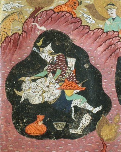 Rostam matando al Demonio Blanco en una cueva, ilustración del Shahnama (Libro de los Reyes) por Abul-Qasim Manur Firdawsi (c.934-c.1020) 1615 de Persian School