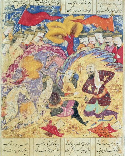 Rostam lamentando la muerte de Sohrab, ilustración del Shahnama (Libro de los Reyes) por Abul-Qasim Manur Firdawsi (c.934-c.1020) 1619 de Persian School