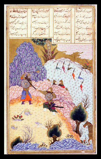 Ruhham atacando al hechicero turanio, ilustración del Shahnama (Libro de los Reyes) de Abul-Qasim Manur Firdawsi de Persian School