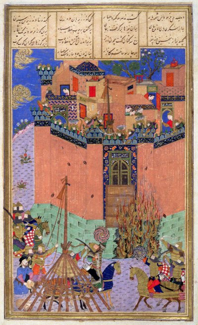 Rustam dirigiendo el asedio de Gang Bihisht, ilustración del Shahnama (Libro de los Reyes) de Abul-Qasim Manur Firdawsi de Persian School