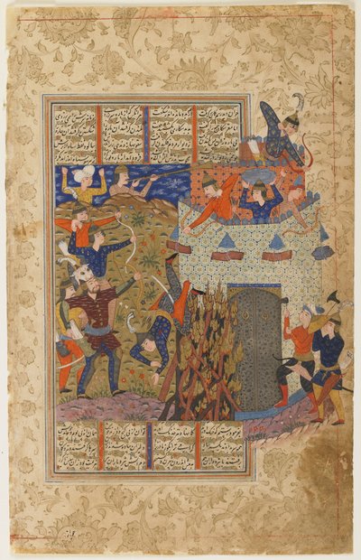 Rustam y sus hombres atacan la fortaleza de Gang Dizh de un Shahnama de Persian School