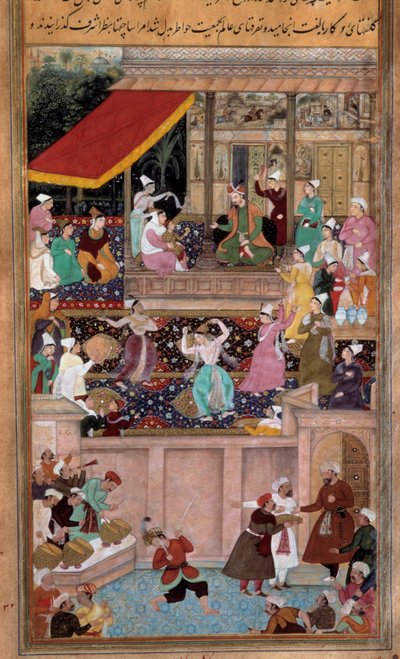 Escena de danzas, música, entretenimiento en la corte de un sultán. Miniatura persa de Persian School