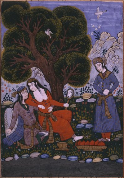 Sirviente trayendo frutas a una pareja en un jardín de Persian School