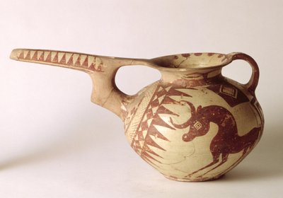 Recipiente con pico con patrones decorativos que simbolizan el sol y la luna, de Sialk, Irán, primer milenio a.C. (arcilla) de Persian School