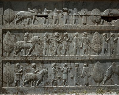 Pueblos sometidos ofrecen regalos a Darío I. Relieves de la escalera oriental de la Apadana, siglo VI a.C. de Persian School