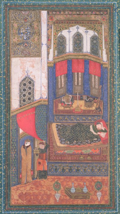 Tahmina entra en la cámara de Rustam, ilustración del Shahnama (Libro de los Reyes), por Abul-Qasim Manur Firdawsi (c.934-c.1020), de Herat, Afganistán, c.1410 de Persian School