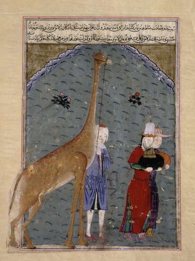 Los embajadores del sultán egipcio al-Nasir Faraj ibn Barquq presentan sus regalos de tributo, incluida una jirafa, a Timur, ilustración del Zafarnama de Sharaf al-Din Ali Yazdishiraz, 1436 de Persian School