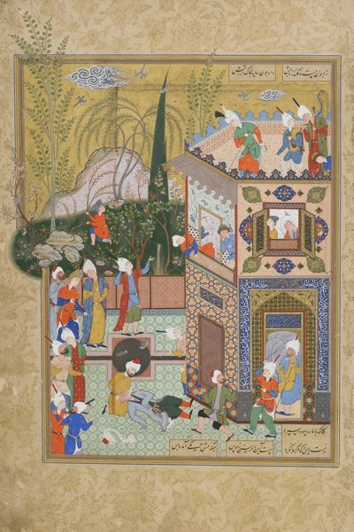El viejo amante inconstante es derribado del tejado, folio del Haft awrang (Siete tronos) de Jami de Persian School