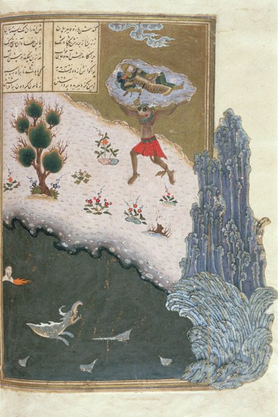 El Rustam dormido llevado por el aire por el demonio Akwan, ilustración del Shahnama (Libro de los Reyes) de Abul-Qasim Manur Firdawsi de Persian School