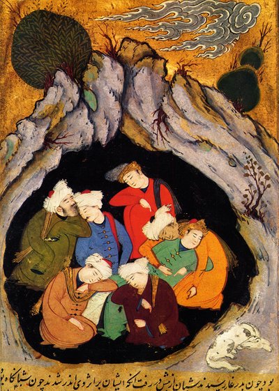 Los Siete Durmientes de Éfeso de La Leyenda Dorada de Jacobus (James) de Voragine (1228-1298). Xilografía del siglo XVI. Miniatura persa del manuscrito Historia de los Profetas, alrededor de 1550 de Persian School