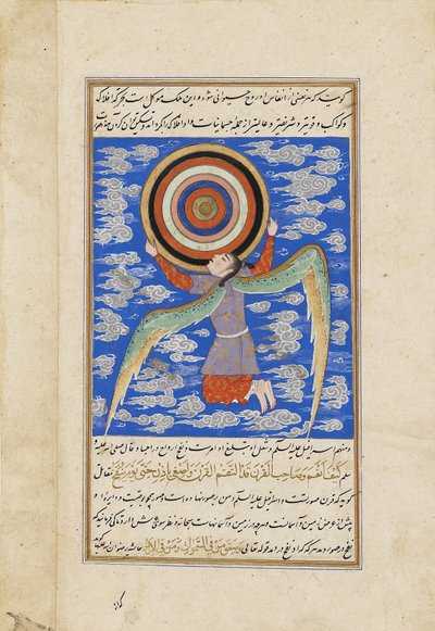 El ángel Ruh sosteniendo las esferas celestiales, ilustración de Ajaib al-Makhluqat (Maravillas de la Creación) por Qazwini, c.1550-1600 de Persian School