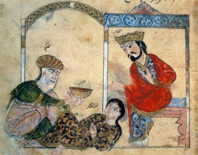 El doctor ignorante y la hija del rey. Miniatura de “Kalila wa Dimna (Kalila y Dimna)” (Folio 78), Fábula oriental 1200-1220? . Traducido por Ibn al-Muqaffa