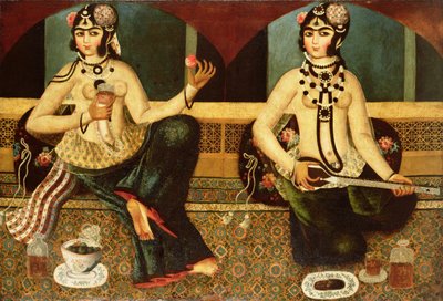 Dos damas del harén, Qajar, persa de Persian School