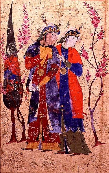 Dos princesas en un paisaje de jardín, de la Tohfat Al-Ahrar, Escuela de Bokhara de Persian School