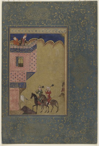 Dos jinetes con mazas acercándose a un castillo, c.1417-18 de Persian School