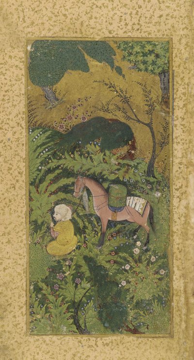 Mozo de cuadra esperando con caballo en un bosque, probablemente Tabriz, dinastía Turcomana de Persian School