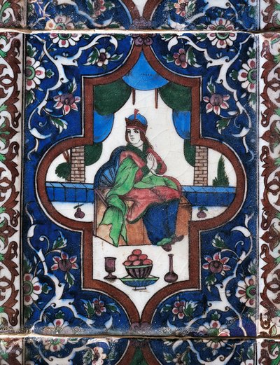 Mujer sentada, azulejo cerámico pintado, civilización persa de Persian School