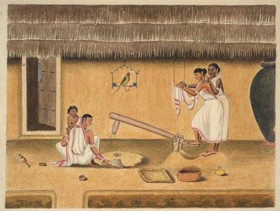 Mujeres pelando arroz con un dhenki, c.1840 (acuarela sobre papel) de Persian School