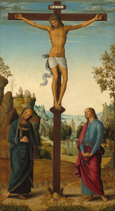 La crucifixión con la Virgen, San Juan, San Jerónimo y Santa María Magdalena, c. 1482-1485 de Perugino