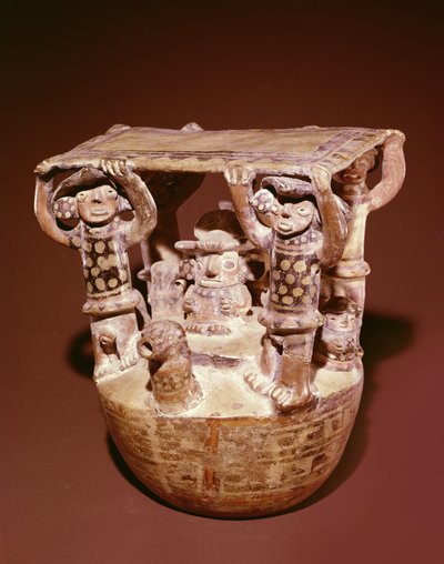 Deidad en trono con dosel sostenido por cortesanos, Cultura Recuay (cerámica) de Peruvian School