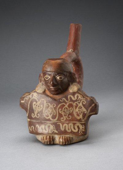 Vasija con asa en forma de estribo que representa a un hombre sosteniendo un textil decorado, 100 a.C.-A.D. 500 de Peruvian School