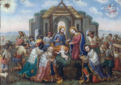 La Natividad con la Adoración de los Magos y Pastores, un paisaje andino al fondo de Peruvian School