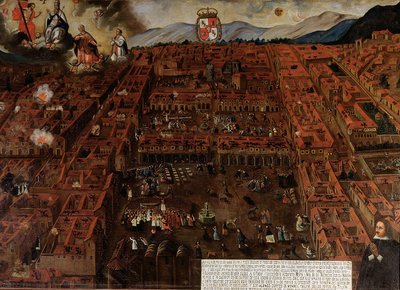 Vista de Cuzco en el momento del terremoto de 1650 de Peruvian School