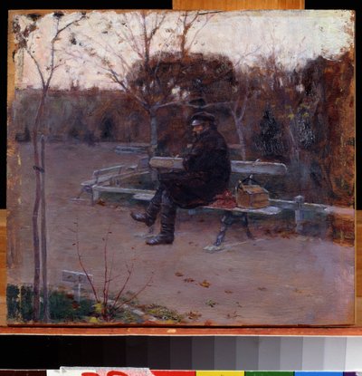 En el bulevar. Un hombre sentado solo en un banco en el frío, con un fardo y una caja de herramientas a su lado. Pintura de Piotr Alexandrovich Nilus (Pierre Nilous) (Nilouss) (1869-1940/1943), óleo sobre lienzo de Peter Alexandrovich Nilus