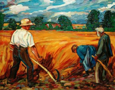 Campo de Cosecha con Padre y Hermanos de Peter August Böckstiegel