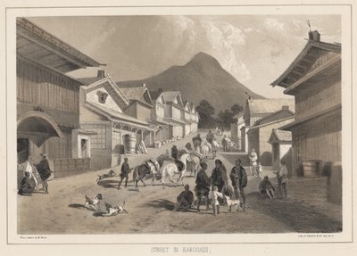 Calle en Hakodadi, litografía por Sarony y Co., 1855 de Peter Bernhard Wilhelm Heine
