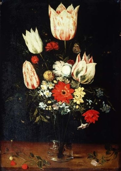 Flores en un Jarrón de Cristal sobre una Repisa de Peter Binoit