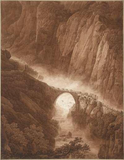 El puente del diablo en la garganta de Schöllenen en el camino a través del paso de San Gotardo con una caravana de mulas de Peter Birmann